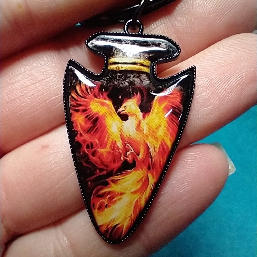Black keychain orange phoenix flames fire bird jewelry